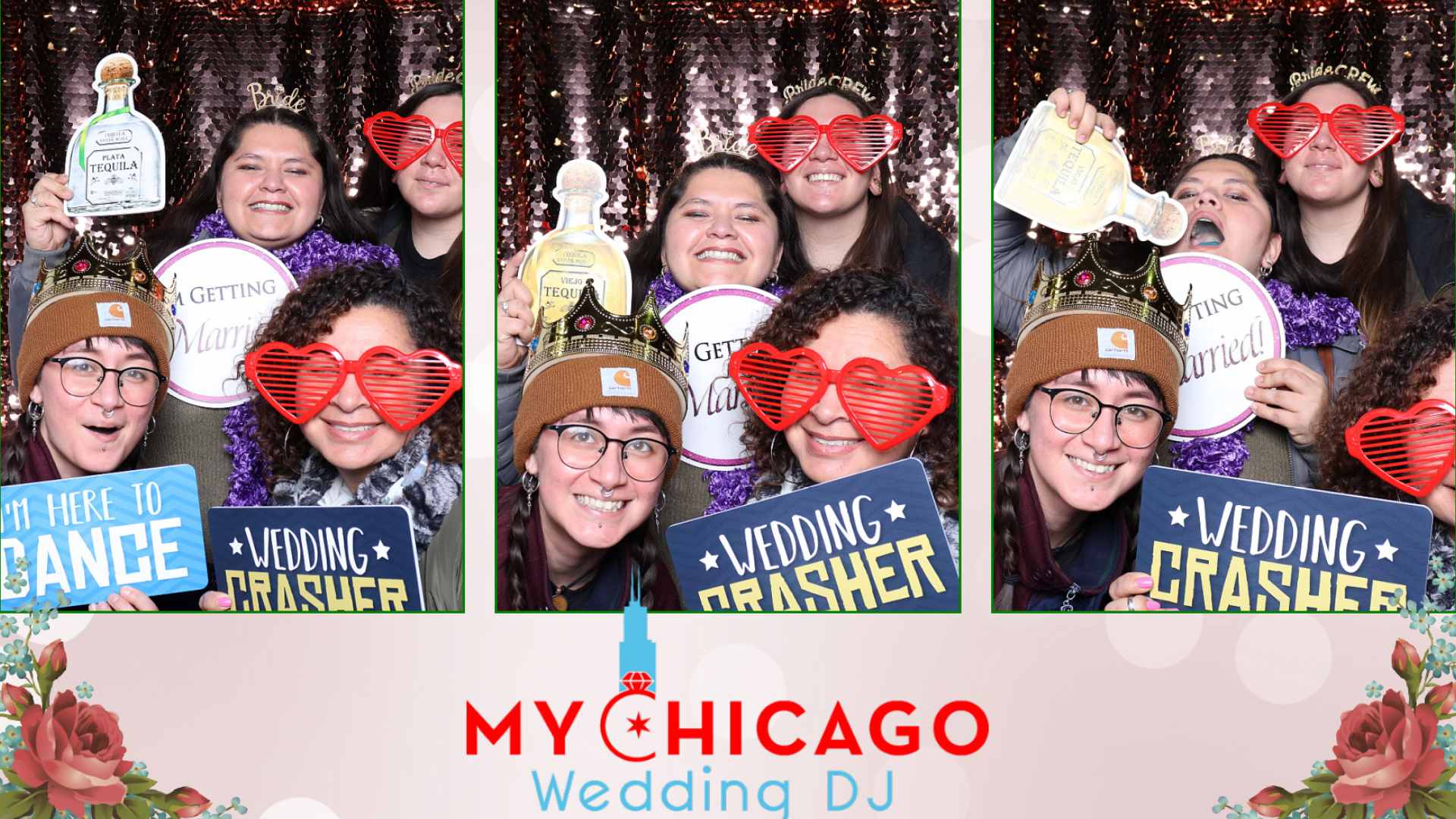 Four women in photo booth with props